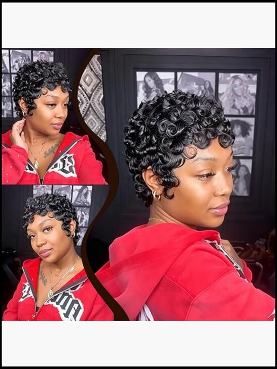Short Layered Pixie Curly Human Hair Wig With Bangs Glueless Full Machine Made main image 5